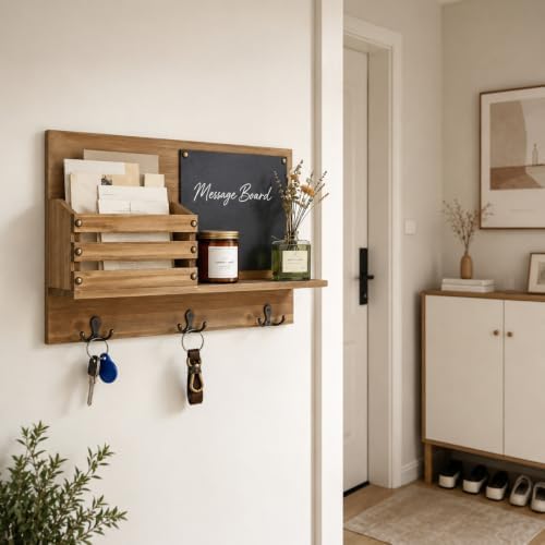 Key Holder for Wall, Mail Organizer Wall Mount, Chalkboard & 3 Double Hooks - Image 5