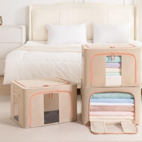 GuliPostan 3 Pack 66L Stackable Clothes Storage Bins with Metal Frame Handles & Zipper, Collapsible Closet Organizer Box with Lid for Bedding Blankets Towel (Beige) - Image 6