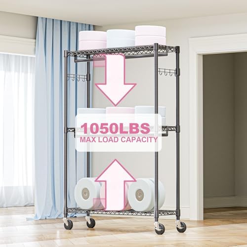M MZG Heavy Duty Rolling Garment Rack 3 Tiers Adjustable Wire Shelving Clothes Rack with 2 Rods and Side Hooks,Storage Closet Clothing Rack with Wheels Black 15.7" D x 45.3" W x 79.6" H - Image 5