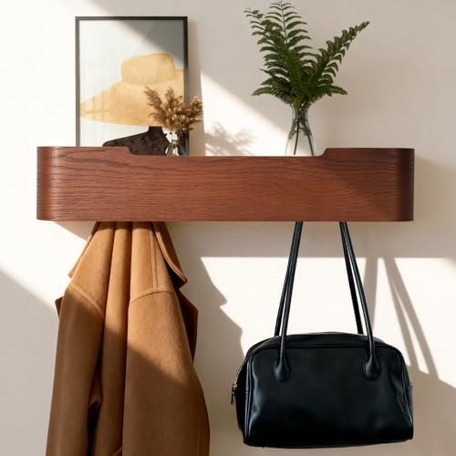 Coat Rack Wall Mount with Shelf Entryway Shelf Modern Key Holder Hanger Wall Shelves with Hidden Hooks for Hanging Towels Coats Hats Bags for Hallway Bathroom Bedroom(Walnut Color, 5 Hooks) by FURNAWAY
