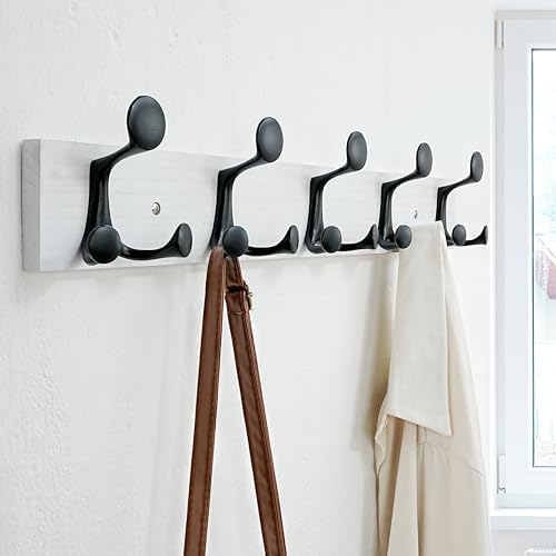 SKOLOO 24-Inch White Wood Coat Rack Wall Mount with 5 Triple Hooks - Ideal for Family Entrances, Classrooms, and Pet Supplies Storage - Perfect Coat Hooks for Wall - Image 3