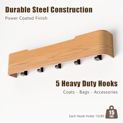 Coat Rack Wall Mount with Hidden Hooks, Wall Hooks with Shelf, Wall Key Holder Mount Wooden Shelf Entryway Hooks for Bedroom Bathroom for Hanging Coats Hats Bags Towels (Oak, 5 Hooks) - Image 6