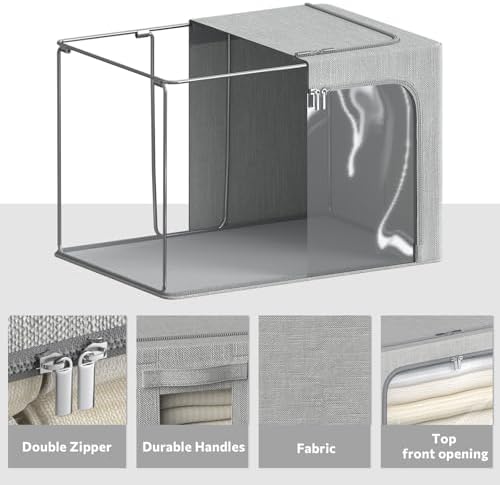 CYhom 4 Pack Clothes Storage Bins with Metal Frame - Linen Fabric Foldable Stackable Container Organizer Set with Clear Window & Carry Handles & Zippers (Light Grey, 23.6"x16.5"x15.7") - Image 5