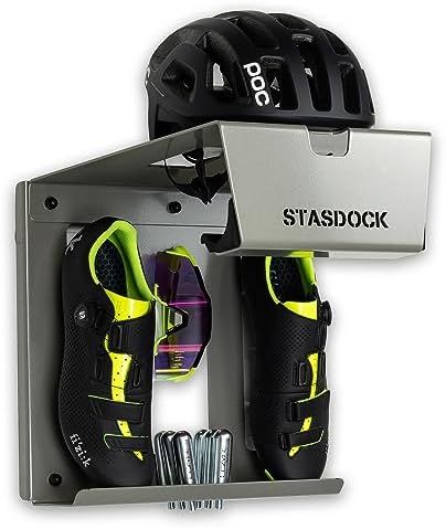 Stasdock Wall Bike Rack | Bike Storage Wall Mount System | For Race Bicycles (Silver Metallic) and Mountain Bikes | Bike Shelf | Indoor bike wall bracket | Stores helmet and shoes | Home and Garage by Stasdock
