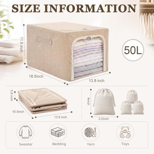 Lewtemi 50L 4 Pack Clothing Storage Bags with Cedar Sachets, Large Sweater Organizer, Breathable Fabric Containers for Clothes, Bedding & Blankets, Closet & Under Bed Storage (Beige,Classic) - Image 2