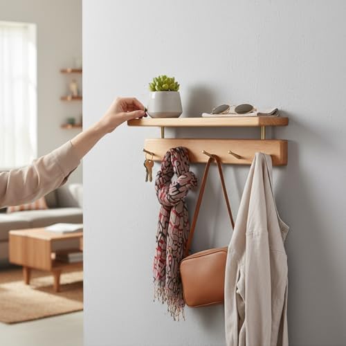 Beech Wood Coat Rack with Shelf, Wall Mounted Rack with 8 Hooks - Image 5
