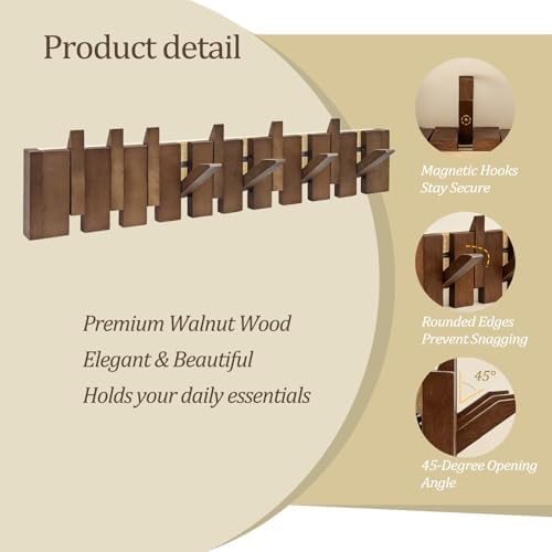 26.8" Wooden Piano Key Coat Rack Wall Mounted, 10 Hooks Natural Walnut Wall Coat Rack, Wall Mounted Coat Rack for Hanging Coats/Hats/Keys/Towels/Bags - Image 5