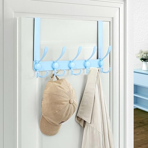 Dseap Over The Door Hook Hanger - Fits 1 3/8" to 1 3/4" Standard Doors | 5 Tri Hooks Heavy Duty Towel/Coat Rack | Door Organizer for Clothes, Jackets, Hats, Towels, Blue, Pack of 2 - Image 6