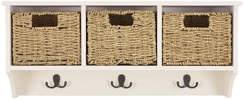 SAFAVIEH Home Collection - Finley Ivory Wall Mounted 3-Basket Storage Rack with Hooks & Seagrass Baskets (HAC5700H) by Unknown