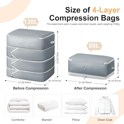 Comforter Storage Bag - 130L Large Capacity Blanket Storage Bags 4-Layer Ultra Space Saving Self Compression Organizer, Washable Compression Bags for Storage Comforter Blanket, 4-Pack, Grey - Image 2
