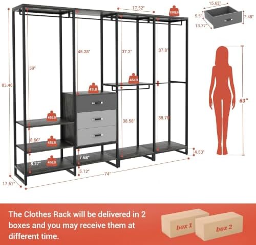 Freestanding Closet Organizer System with 3 Drawers, 6FT Heavy Duty Clothing Rack with Shelves and 6 Hanging Rods, Large Corner L Shaped Garment Rack, Grey Oak - Image 3