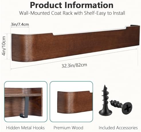 Coat Rack Wall Mount with Shelf 8 Hidden Hooks Modern Wooden Key Holder Entryway Organizer for Hallway Bedroom Bathroom Home Decor Storage for Hanging Coats Hats Bags Towels, Walnut - Image 3