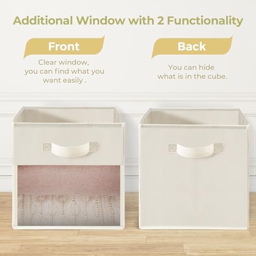 Storage Bins with Clear Window, 11x11 Storage Cubes, Collapsible Cube Storage Box, Fabric Closet Organizers with Handles for Home, Office, Shelf, Closets, Living Room, Beige, 12 Pack - Image 2