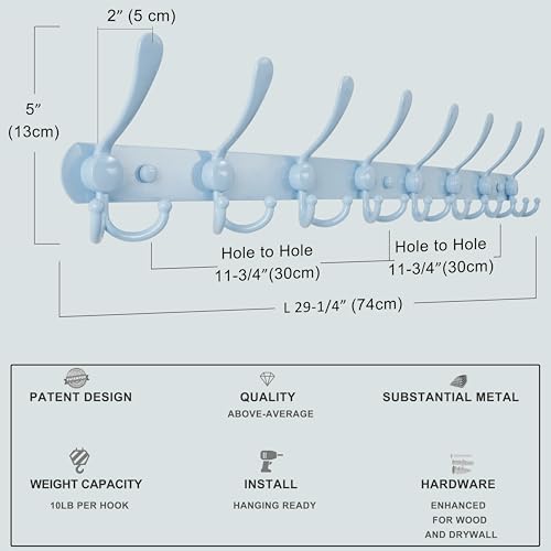 Dseap Coat Rack Wall Mount - 29.5” Long 8-Tri-Hooks Heavy Duty Coat Hanger Rail Wall Hooks for Hanging Coats Hats Clothing Clothes Purse Mudroom Entryway, Blue, Pack of 2 - Image 7