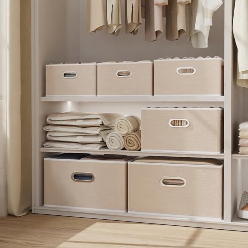 Yawinhe Fabric Storage Baskets, Foldable Closet Organizer for Shelves, Large Boxes with 3 Handles, Canvas Bins for Clothes, Beige 12.99''Lx9.05''Wx7.87''H, 6-Pack,SNK030BEXS-6 - Image 2