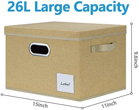 LHZK Large Storage Bins with Lids 6 Pack, Foldable Linen Fabric Storage Boxes with Lids, Sturdy Fabric Storage Bins with Label & 3 Handles for Shelves Bedroom Home Office (Beige, Large) - Image 3