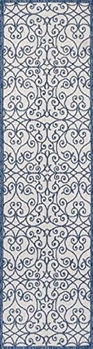 Eyely Filigree Textured Weave Runner Rug 2X8 Blue/Cream, Indoor Outdoor Rug - Image 3