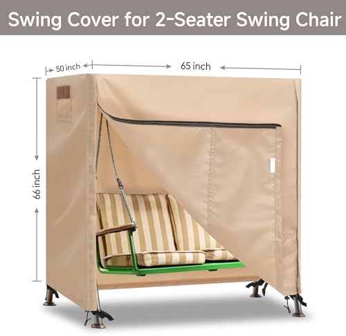 Outdoor Swing Covers for Patio Swing 2 Seater, 65" L x 50" D x 66" H, 2 Seat Swing Cover Waterproof, Porch Patio Swing Canopy Cover, Windproof UV Resistant All Weather Protector - Beige - Image 2