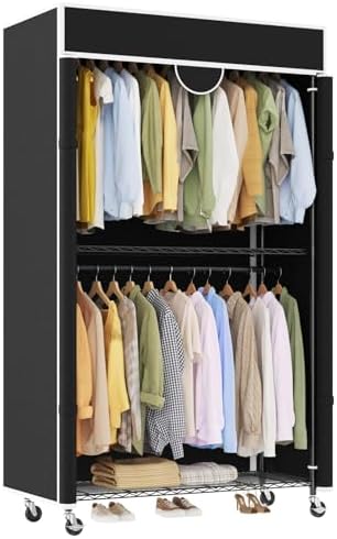 Metal Wardrobe Rack 485LBS Portable Closet Organizer with Cover Black by Unknown