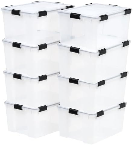 IRIS USA 8 Pack WeatherPro 62.8 Quart Stackable Storage Tote Bins, Plastic Gasket Box with Tight Latching Lids and Seal, Clear/Black by IRISUSA
