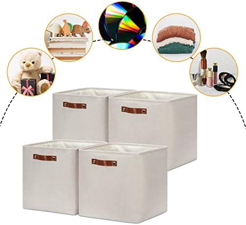 DULLEMELO Storage Bins, 4 Pack Of 13x13x13 Decorative Storage Cube Bins Suit Office, Home, Shelves And Closet, Cube Storage Bin with Leather handle(4 Pack - 13" Beige) - Image 2