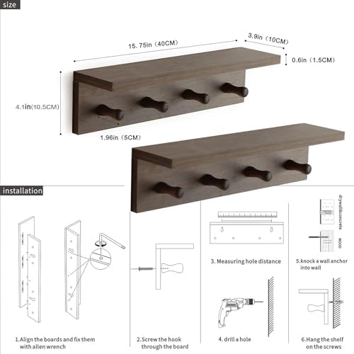 Entryway Coat Rack Hooks with Shelf, Sturdy Wooden Floating WallOrganizer Shelf with 4 Hooks siutable for Entrance, Mudroom, Kitchen, Bathroom,.etc(2pc-Walnut Finish) - Image 3