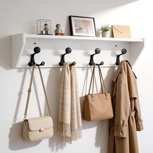 SKOLOO Wall Shelf with Hooks, 24-Inch White Coat Rack Wall Mount with Shelf Organizer - Heavy Duty, 4 Tri Hooks - Perfect for Entryway, Hallway, Living Room, Bedroom, Mudroom - Image 3