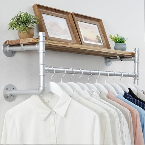 WEBI Wall Mounted Clothes Rack with Shelf,32" Industrial Pipe Clothing Rack with Shelf with Hanging Rod,Heavy Duty Iron Garment Rack Bar,Retail Display Clothes Rod for Laundry Room,Closet,Silver - Image 3
