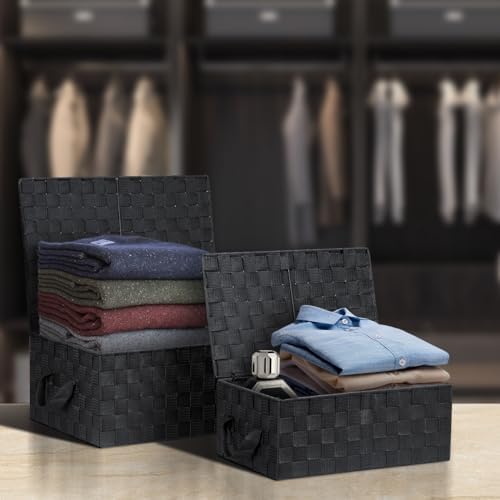 Sorbus Woven Storage Basket with Lid, Set of 3 (Black) - Image 2