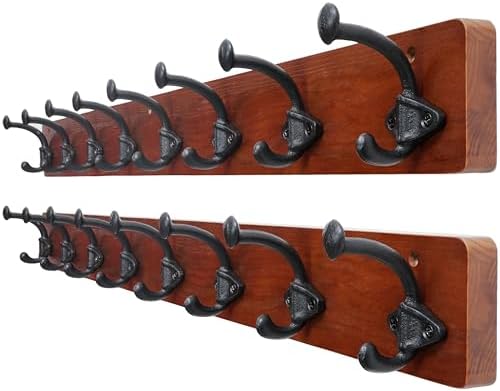 WEBI Rustic Coat Rack Wall Mount,35.43" Long 8 Cast Iron Coat Hooks Wall Mounted,Heavy Duty Farmhouse Wood Coat Hanger Wall Antique Vintage Hooks for Hanging Jacket,Clothes,Backpack,Cherry,2 Packs by WEBI