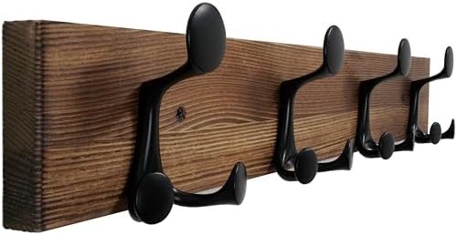 WEBI Coat Rack Wall Mount,24" Solid Wood Coat Hooks Wall Mounted Coat Hanger,16" Hole to Hole,Heavy Duty Hook Rack,4 Triple Hooks for Hanging Coats,Jacket,Hat,Backpack,Farmhouse,Brown by WEBI