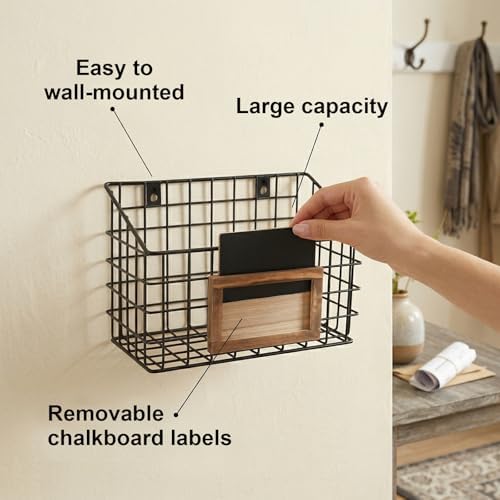 MyGift 10 Inch Wall Mounted Matte Black Metal Wire Storage Baskets with Chalkboard Labels, Small Hanging Organizer Bins for Home Entryway Kitchen Pantry Closet, Set of 3 - Image 4
