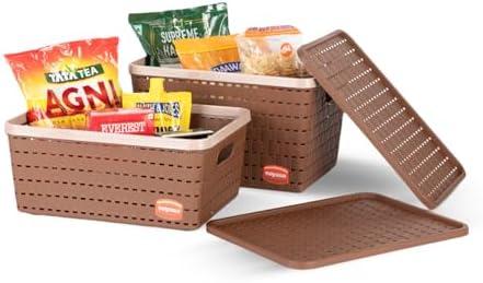 Nayasa Lacy Plastic Round 3 Piece Basket Set, Beige, Peach and Chocolate - Image 3