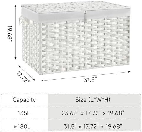 180L Wicker Storage Basket with Lid, Handwoven Rattan Large Shelf Basket with Removable Liner, 47.6 Gallon Wicker Basket for Blanket, Storage Trunk with Handle for Closet, Bedroom, Livingroom, White - Image 4