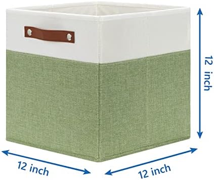 Temary 12 Inch Fabric Storage Cubes Storage Bins with Leather Handles, 4 Pack Cube Baskets Bins for Organizing Closet, Foldable Cloth Baskets for Shelves (White&Green) - Image 2