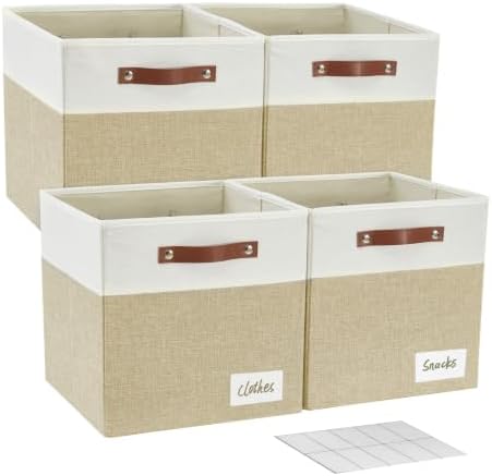 Bagnizer 13x15x13 Storage Cube Bins, Foldable Storage Organizer Baskets, Fabric Cube Storage Boxes with 2 Reinforced PU Handles for Kallax, Shelves, Living Room | 4 Pack, Beige & White by Bagnizer