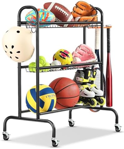 EXTCCT Basketball Rack with Wheels, 3 Tier Garage Ball Storage Organizer by EXTCCT