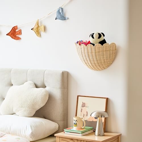 Scalloped Wall Hanging Basket, Hand Woven Rattan Wall Storage Shelf for Home, Boho Wall Decor for Bathroom, Living Room, Nusery Room (16" x 10" x 7") - Image 2