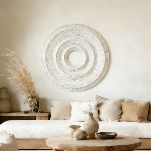 Bergamot 3D Textured Neutral Abstract Wall Art, 25 Inch Boho Beige Wall Basket, Cotton Rope Round Woven Wall Decor, Modern Minimalist Wall Art for Living Room, Bedroom - Image 2