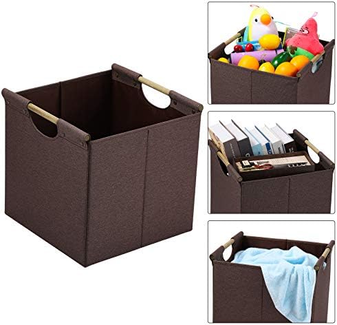 HOONEX Collapsible Storage Bins, 13x13x13 Inches Storage Cubes Linen Fabric, 3 Pack, Storage Baskets with Wooden Carry Handles and Sturdy Heavy Cardboard, for Home, Office, Car, Nursery, Brown - Image 4