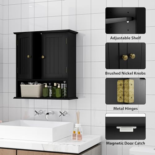 Bathroom Wall Cabinet, Bathroom Cabinet Wall Mount with 2 Doors and Open Shelf, Over The Toilet Wall Storage, Wooden Medicine Cabinets - Image 6