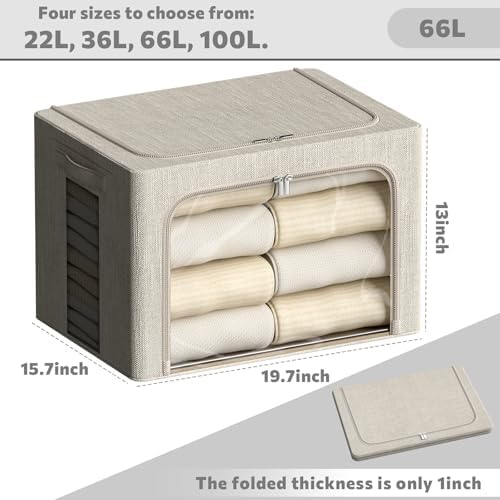 FHSQX 6 Pack Clothes Storage Bins with Metal Frame Foldable Storage Bins for Clothes Linen Fabric Storage Box with Clear Window (Beige, 19.7x15.7x13inch(66L)) - Image 4