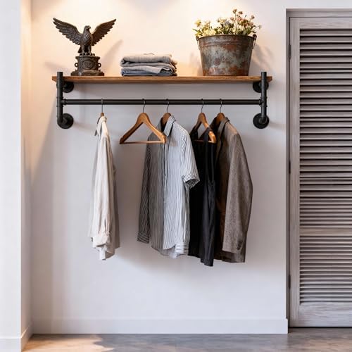 WEBI Wall Mounted Clothes Rack with Shelf,36" Industrial Pipe Clothing Rack with Shelf with Hanging Rod,Heavy Duty Iron Garment Rack Bar,Retail Display Clothes Rod for Laundry Room,Closet,Black - Image 2
