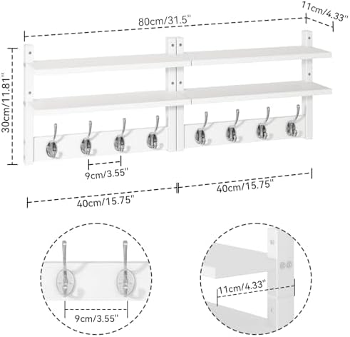 YMYNY Double Shelf Coat Rack Wall Mount with 8 Hooks, White HWS009W-2 - Image 3
