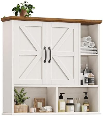 Bathroom Wall Cabinet, Farmhouse Medicine Cabinet with Doors, White & Brown by Vabches