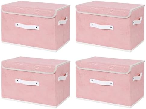 ANMINY Fabric Storage Box Bins with Lids, Rose Print, Pink, 4PCS Large by ANMINY