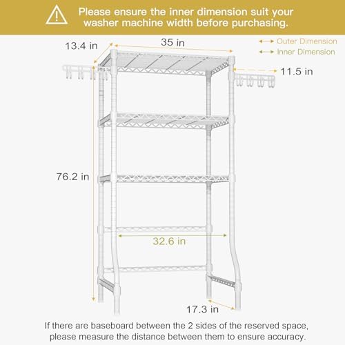 Ulif U8 Laundry Room Storage Organizer, Over The Washer and Dryer Storage Shelves for Laundry Organization, 35”W x 17.3”D x 76.2”H, Suit Washing Machine Width Within 32.6”, Hold 304 lb, White - Image 3