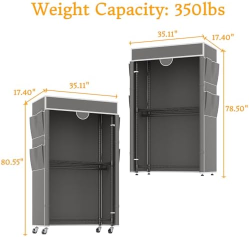 Homdox Garment Rack with Cover, Heavy Duty Clothing Rack for Hanging Clothes, Portable Closet Wardrobe, Double Rods Garment Rack with wheels, 35.1" W x 17.4" D x 80.6" H, Gray - Image 2