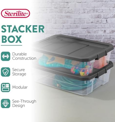 Sterilite 6-Pack Modular Stacker Box, Durable Clear Plastic Storage Bins with Latching Lids, 40 Quart - Stackable Organizing Container Boxes for Closet, Bathroom, and Office - Image 2