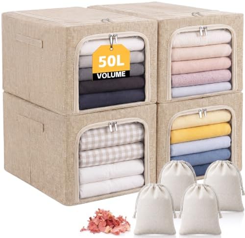 Lewtemi 50L 4 Pack Clothing Storage Bags with Cedar Sachets, Large Sweater Organizer, Breathable Fabric Containers for Clothes, Bedding & Blankets, Closet & Under Bed Storage (Beige,Classic) by Lewtemi